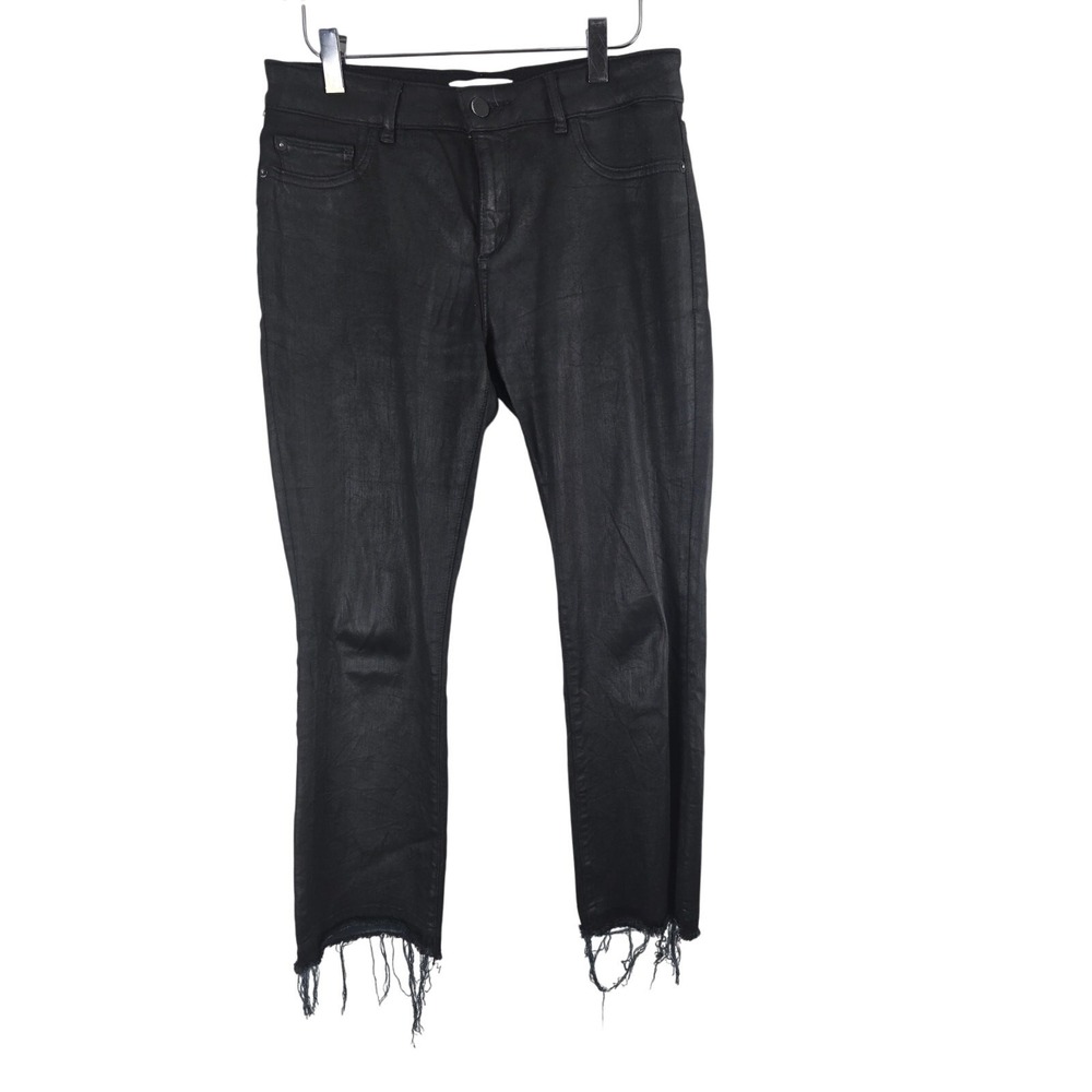 DL1961 Lara Instasculpt Cropped Flare Jeans 28 Womens Black Wax Coated‎ Raw Hem